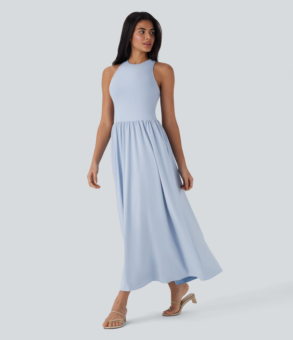 Backless Crisscross Quick Dry Maxi Casual Dress with Side Pockets — Ballad Blue — view 3