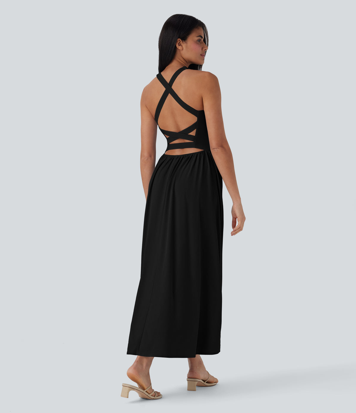 Backless Crisscross Quick Dry Maxi Casual Dress with Side Pockets — Black — view 7
