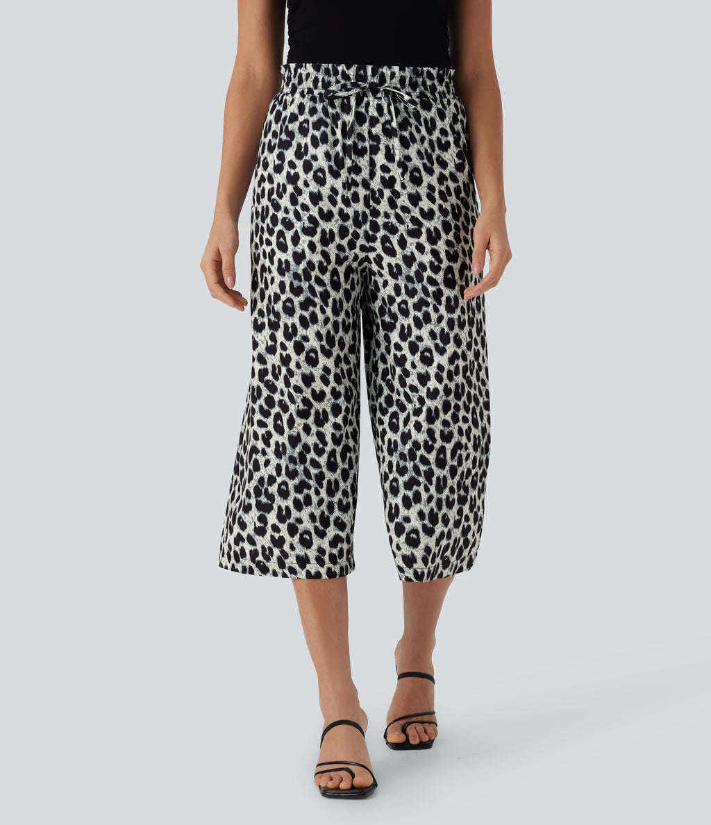 High Waisted Drawstring Leopard Print Wide Leg Capri Casual Trousers with Pockets — Silver Leopard Print — view 6