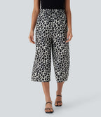 High Waisted Drawstring Leopard Print Wide Leg Capri Casual Trousers with Pockets — Silver Leopard Print — view 6
