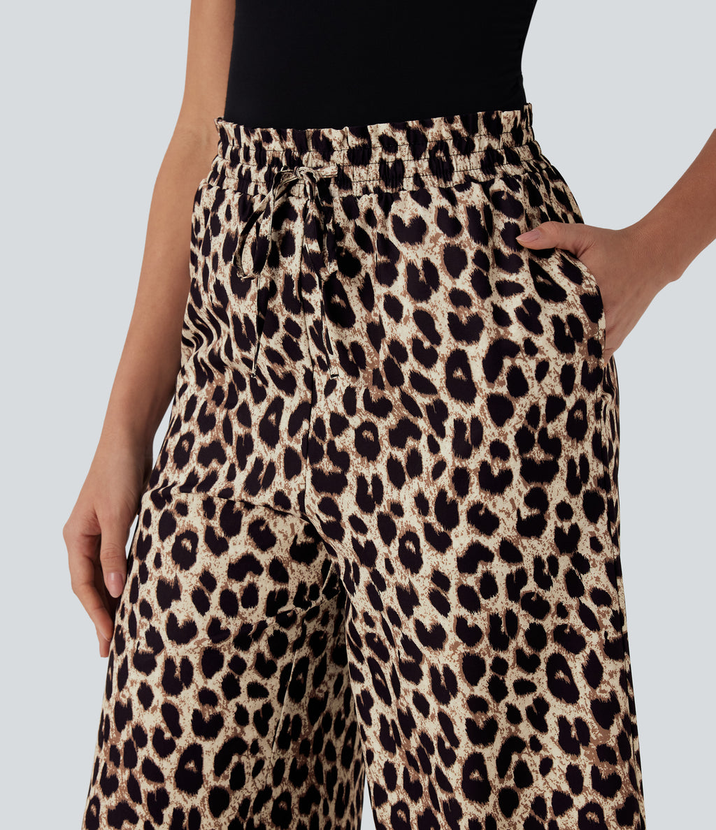 High Waisted Drawstring Leopard Print Wide Leg Capri Casual Trousers with Pockets — Gold Leopard Print — view 4