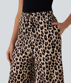 High Waisted Drawstring Leopard Print Wide Leg Capri Casual Trousers with Pockets — Gold Leopard Print — view 4