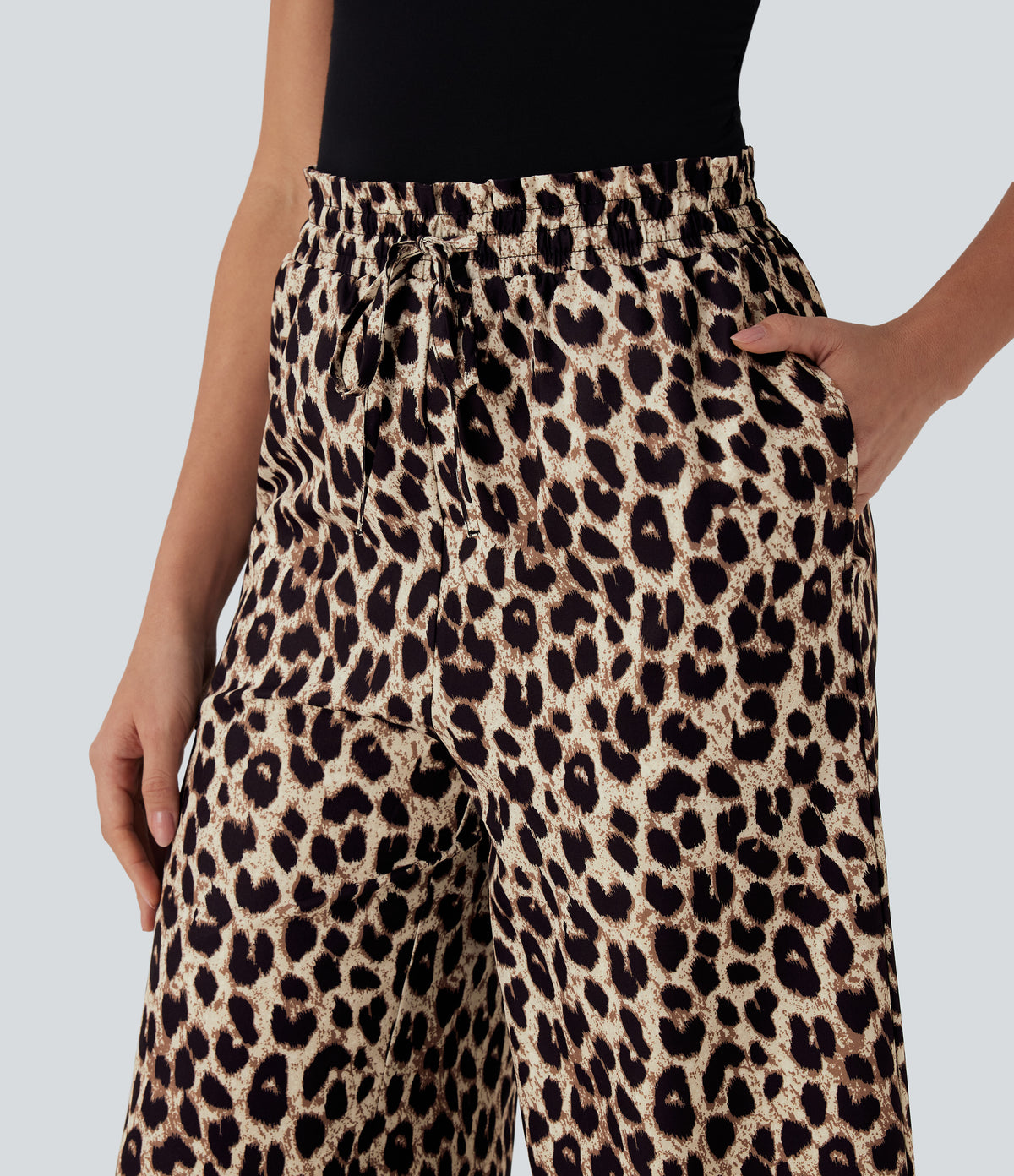 High Waisted Drawstring Leopard Print Wide Leg Capri Casual Trousers with Pockets — Gold Leopard Print — view 4
