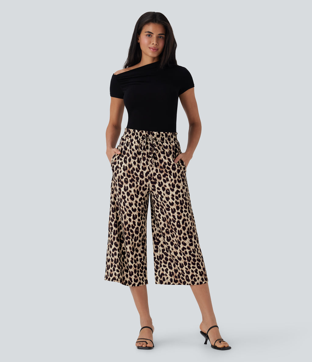 High Waisted Drawstring Leopard Print Wide Leg Capri Casual Trousers with Pockets — Gold Leopard Print — view 5