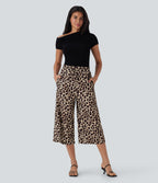 High Waisted Drawstring Leopard Print Wide Leg Capri Casual Trousers with Pockets — Gold Leopard Print — view 5