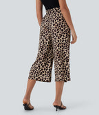 High Waisted Drawstring Leopard Print Wide Leg Capri Casual Trousers with Pockets — Gold Leopard Print — view 2
