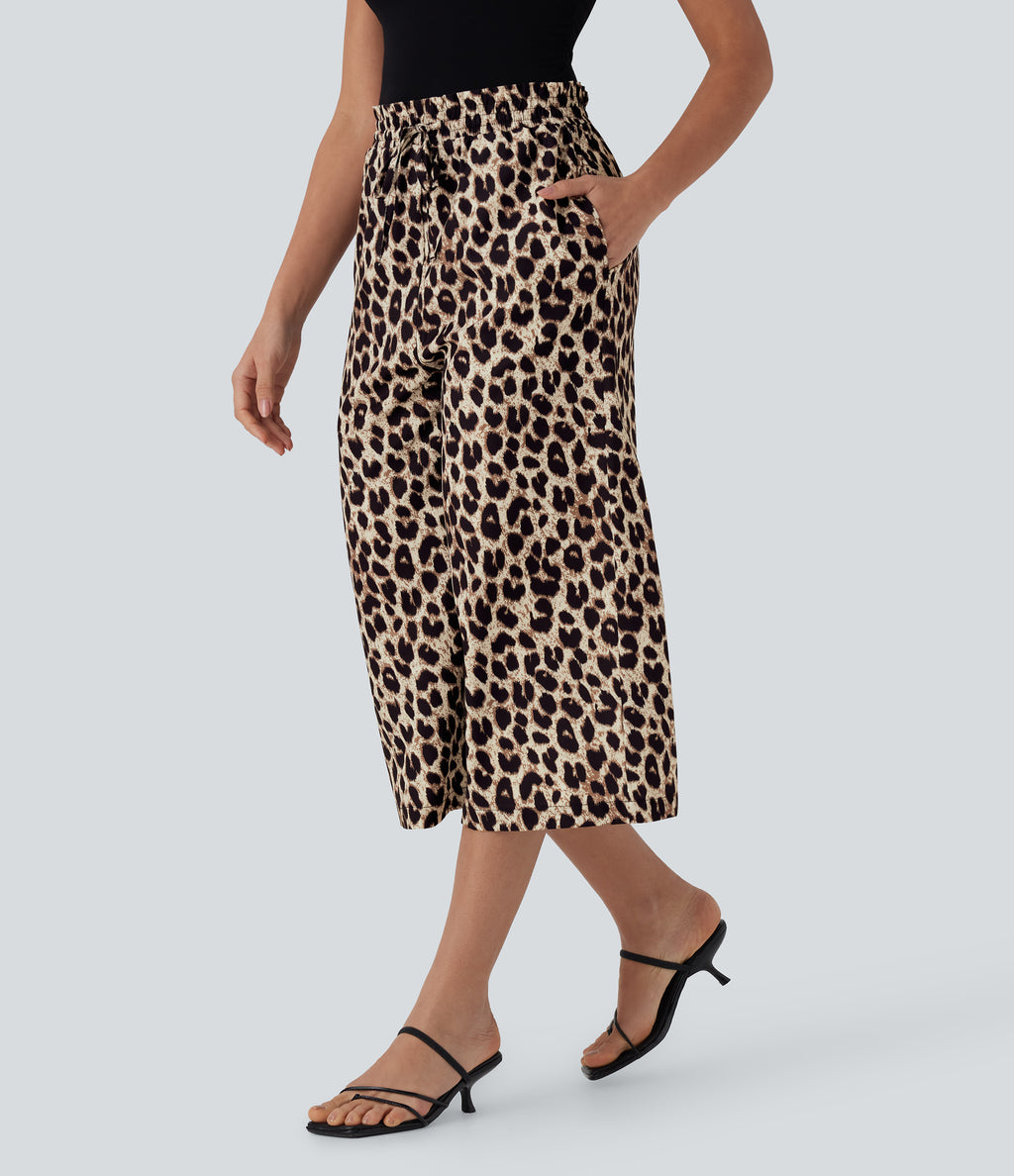 High Waisted Drawstring Leopard Print Wide Leg Capri Casual Trousers with Pockets — Gold Leopard Print — view 3