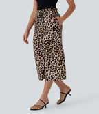High Waisted Drawstring Leopard Print Wide Leg Capri Casual Trousers with Pockets — Gold Leopard Print — view 3