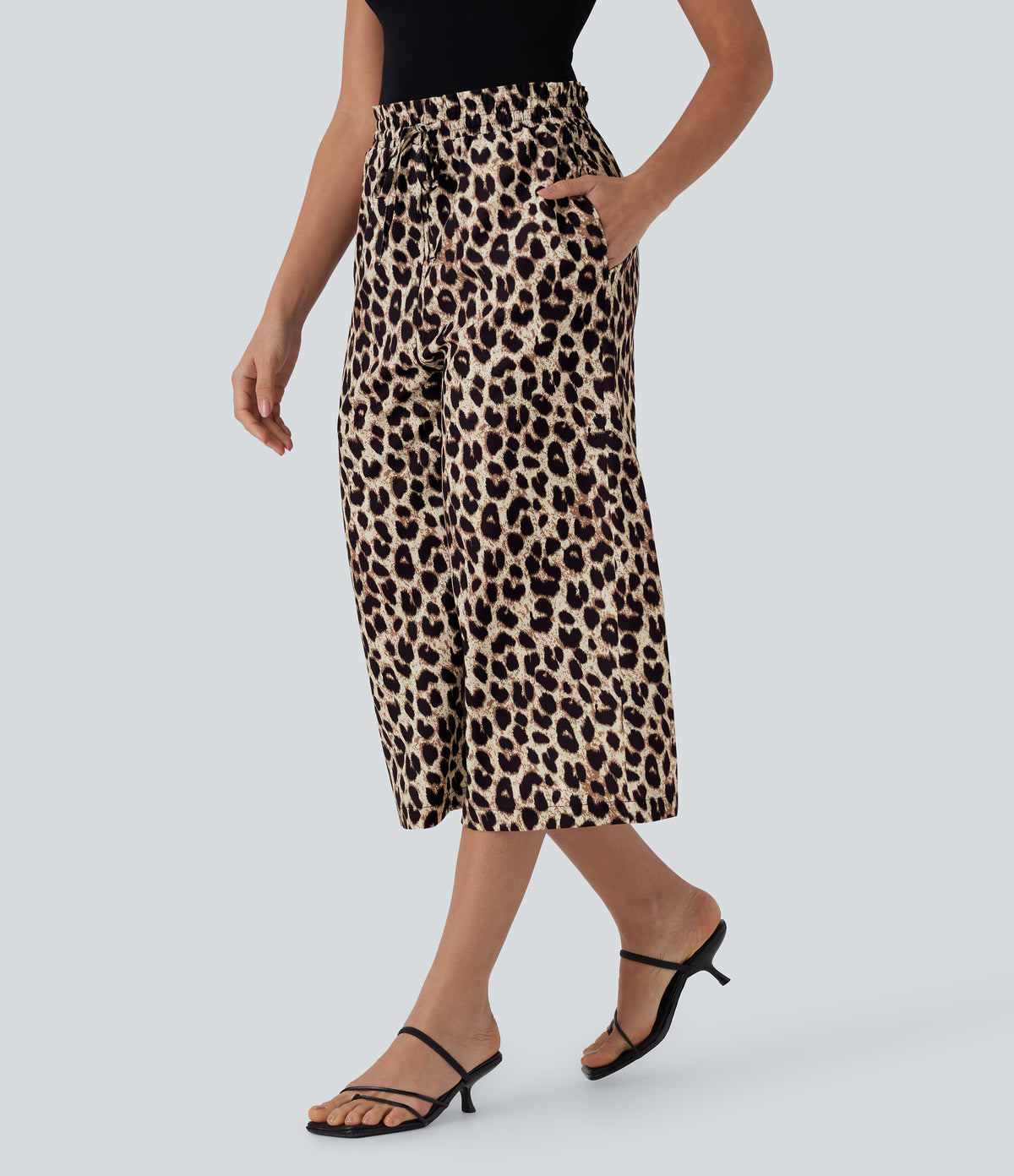 High Waisted Drawstring Leopard Print Wide Leg Capri Casual Trousers with Pockets — Gold Leopard Print — view 3