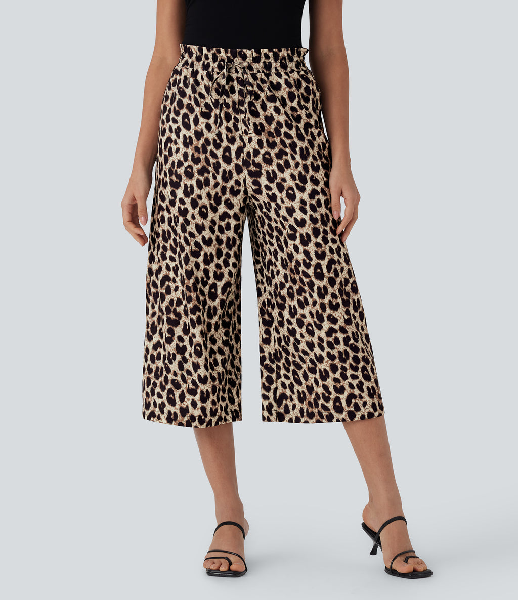 High Waisted Drawstring Leopard Print Wide Leg Capri Casual Trousers with Pockets — Gold Leopard Print — view 1