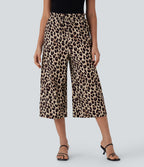 High Waisted Drawstring Leopard Print Wide Leg Capri Casual Trousers with Pockets — Gold Leopard Print — view 1