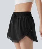 Mid Rise Drawstring 2-in-1 Contrast Mesh Mini Tennis Skirt with Side Pockets — Black — view 5