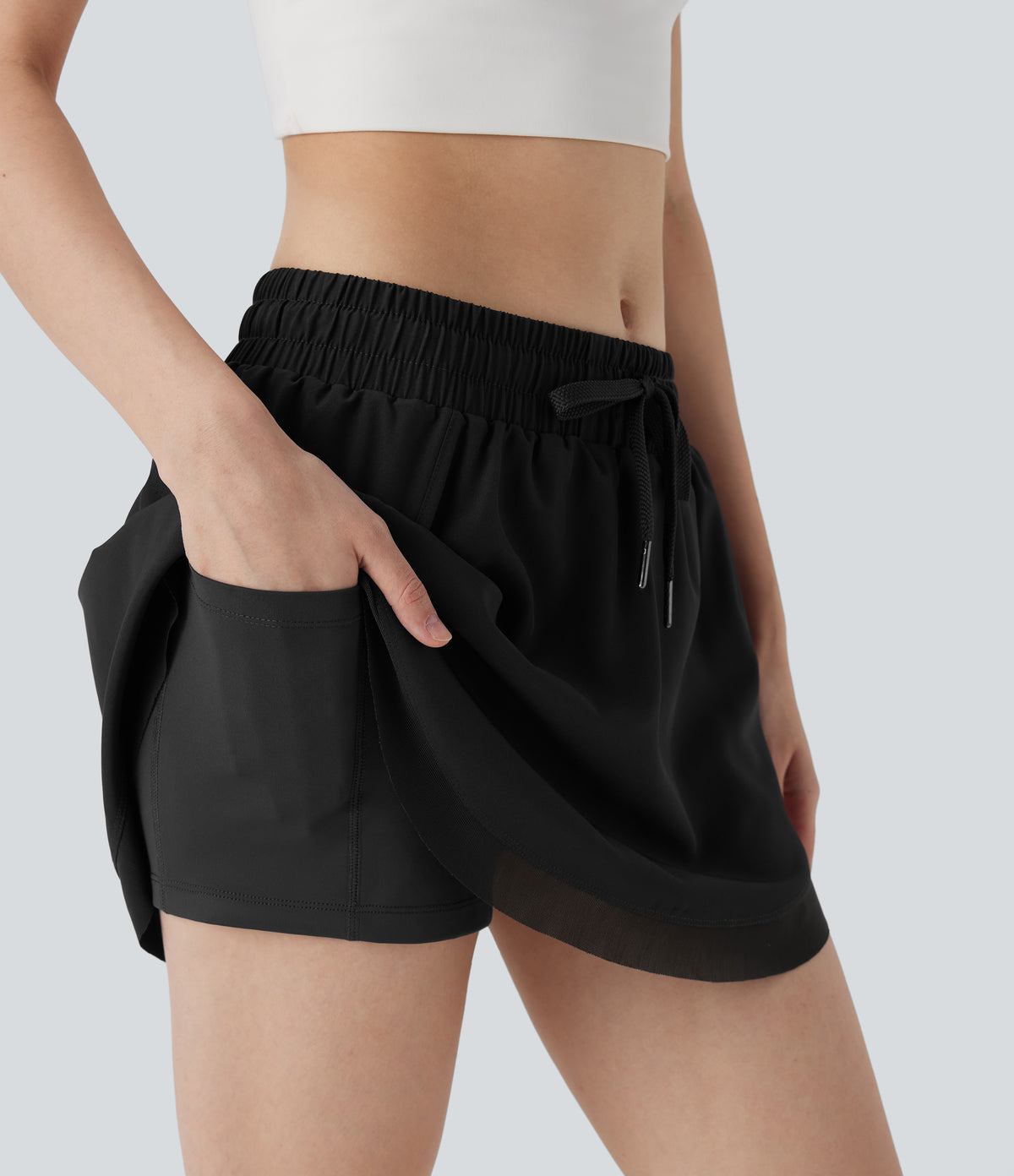 Mid Rise Drawstring 2-in-1 Contrast Mesh Mini Tennis Skirt with Side Pockets — Black — view 4