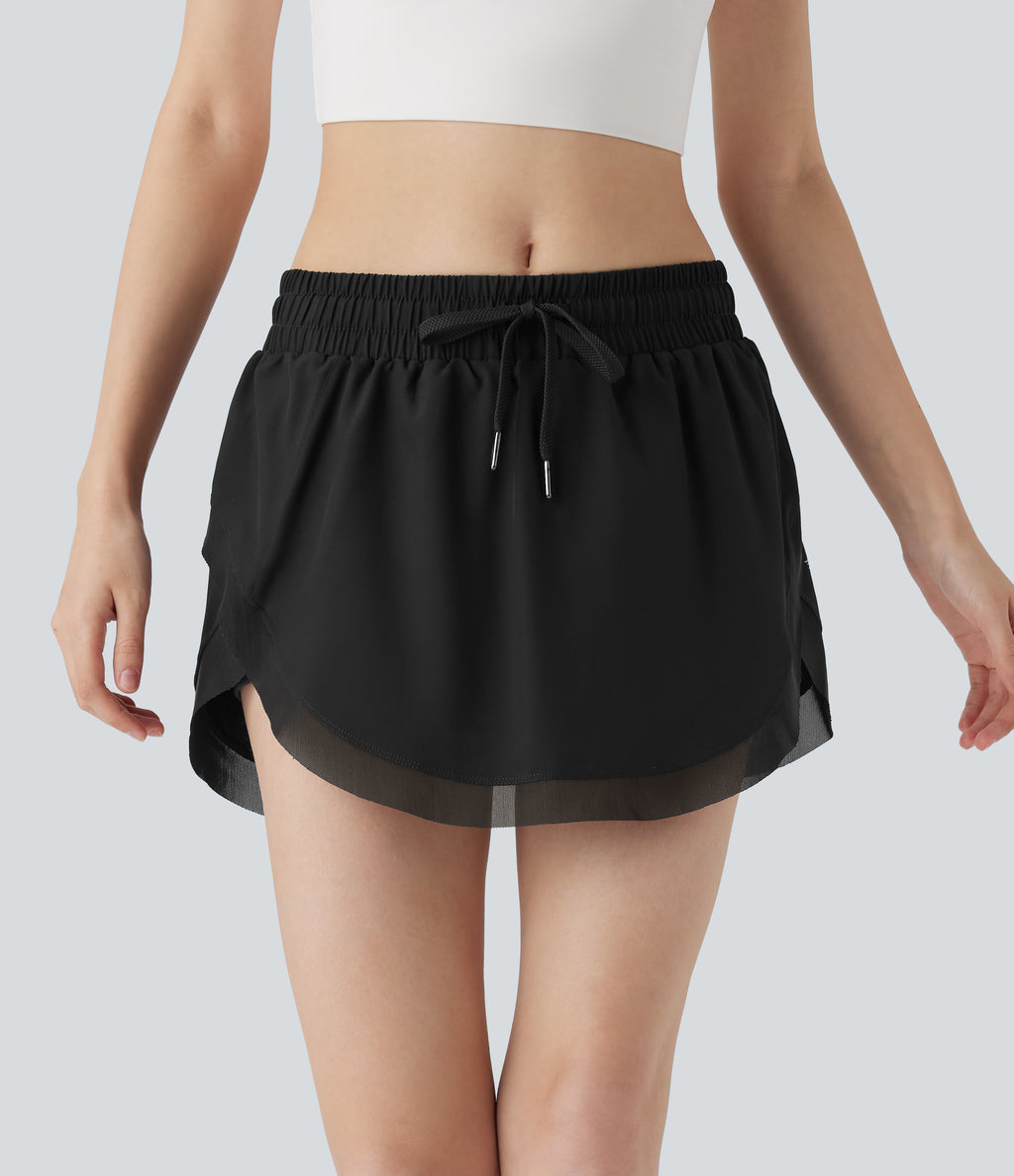 Mid Rise Drawstring 2-in-1 Contrast Mesh Mini Tennis Skirt with Side Pockets — Black — view 1