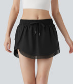 Mid Rise Drawstring 2-in-1 Contrast Mesh Mini Tennis Skirt with Side Pockets — Black — view 1