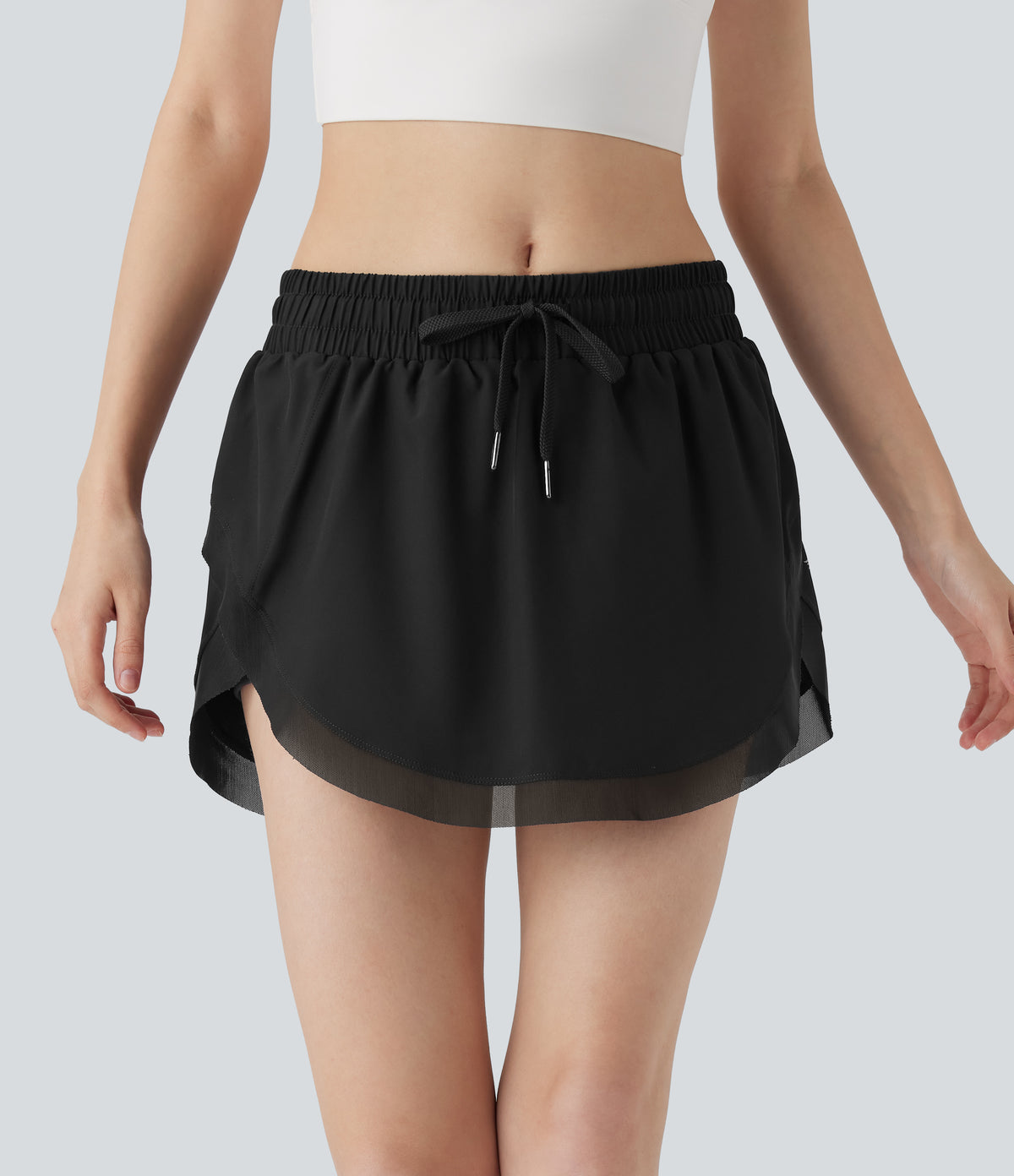 Mid Rise Drawstring 2-in-1 Contrast Mesh Mini Tennis Skirt with Side Pockets — Black — view 1