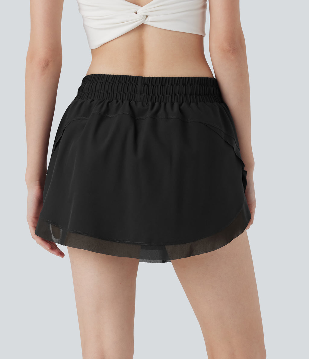 Mid Rise Drawstring 2-in-1 Contrast Mesh Mini Tennis Skirt with Side Pockets — Black — view 2
