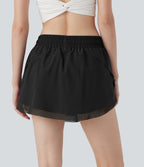 Mid Rise Drawstring 2-in-1 Contrast Mesh Mini Tennis Skirt with Side Pockets — Black — view 2