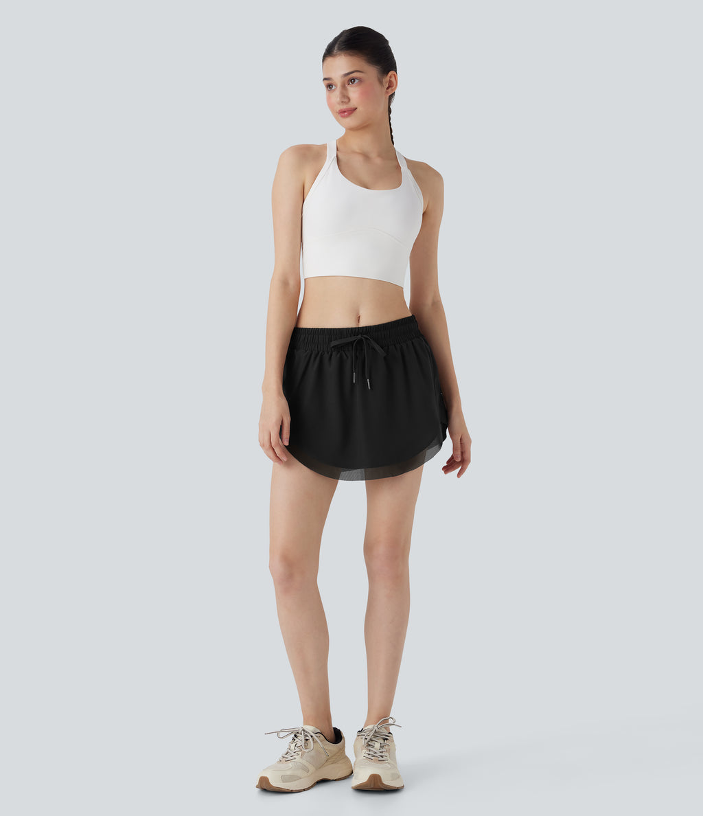 Mid Rise Drawstring 2-in-1 Contrast Mesh Mini Tennis Skirt with Side Pockets — Black — view 6