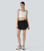Mid Rise Drawstring 2-in-1 Contrast Mesh Mini Tennis Skirt with Side Pockets — Black — view 6