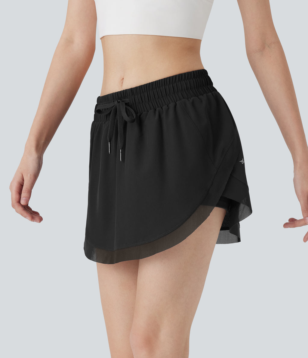 Mid Rise Drawstring 2-in-1 Contrast Mesh Mini Tennis Skirt with Side Pockets — Black — view 3