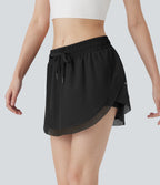 Mid Rise Drawstring 2-in-1 Contrast Mesh Mini Tennis Skirt with Side Pockets — Black — view 3
