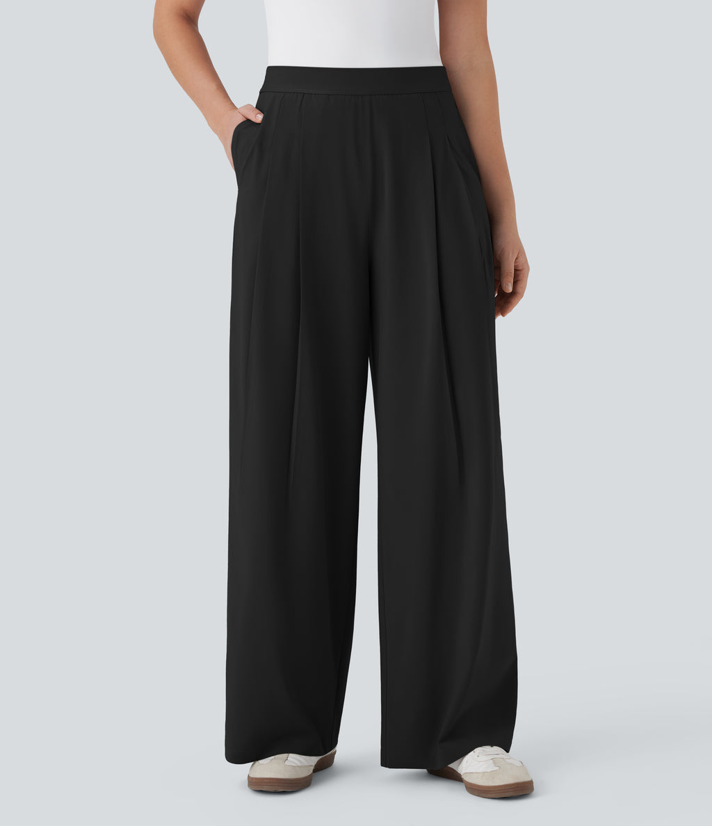 High Waisted Wide Leg Quick Dry Work Trousers with Pockets — Black — view 1