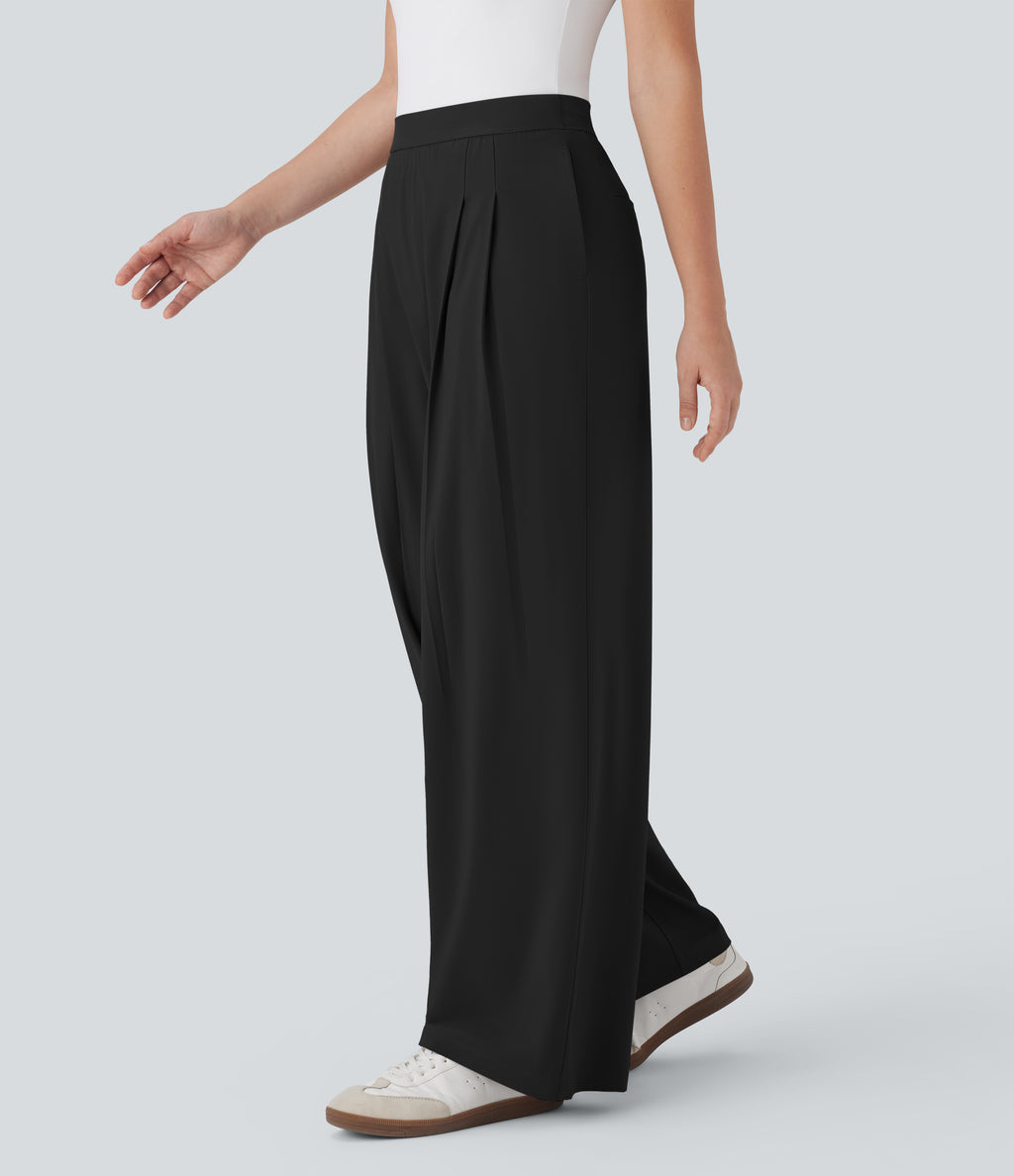 High Waisted Wide Leg Quick Dry Work Trousers with Pockets — Black — view 3