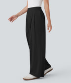 High Waisted Wide Leg Quick Dry Work Trousers with Pockets — Black — view 3