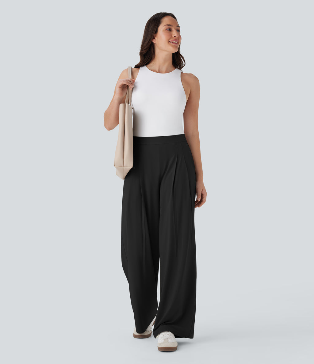 High Waisted Wide Leg Quick Dry Work Trousers with Pockets — Black — view 6