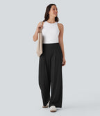 High Waisted Wide Leg Quick Dry Work Trousers with Pockets — Black — view 6