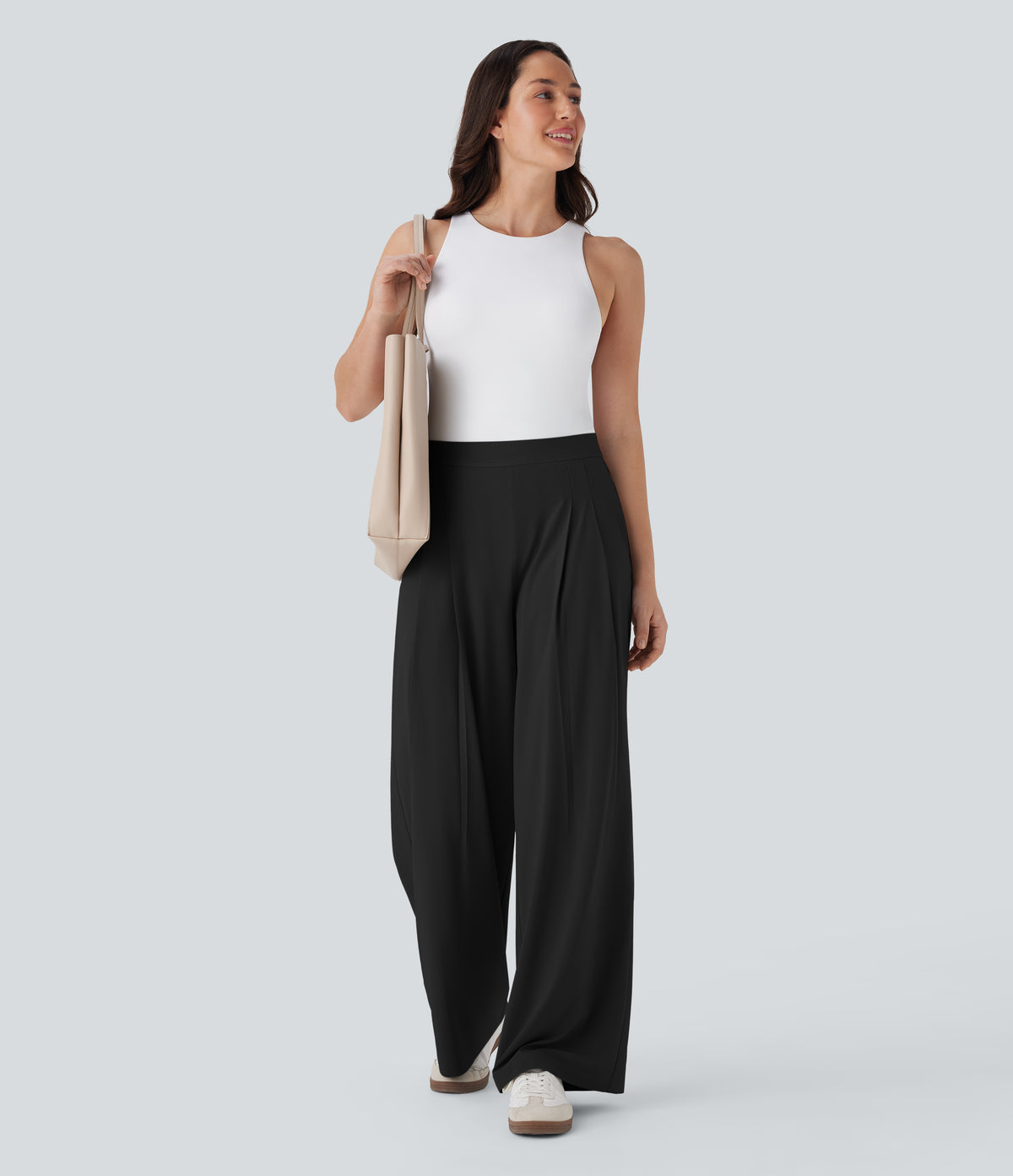 High Waisted Wide Leg Quick Dry Work Trousers with Pockets — Black — view 6
