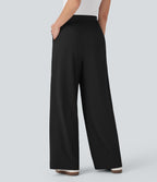 High Waisted Wide Leg Quick Dry Work Trousers with Pockets — Black — view 2