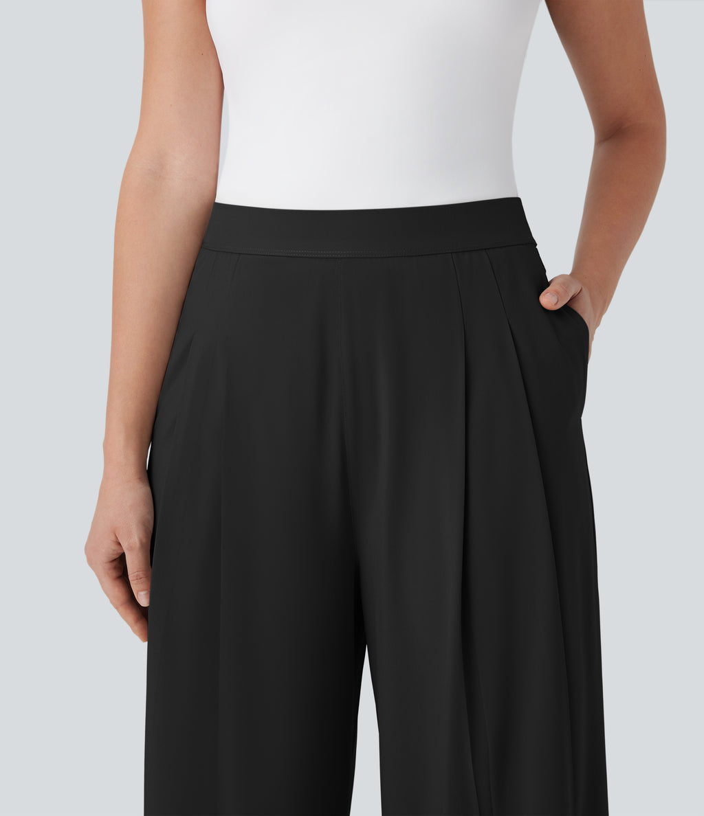 High Waisted Wide Leg Quick Dry Work Trousers with Pockets — Black — view 4