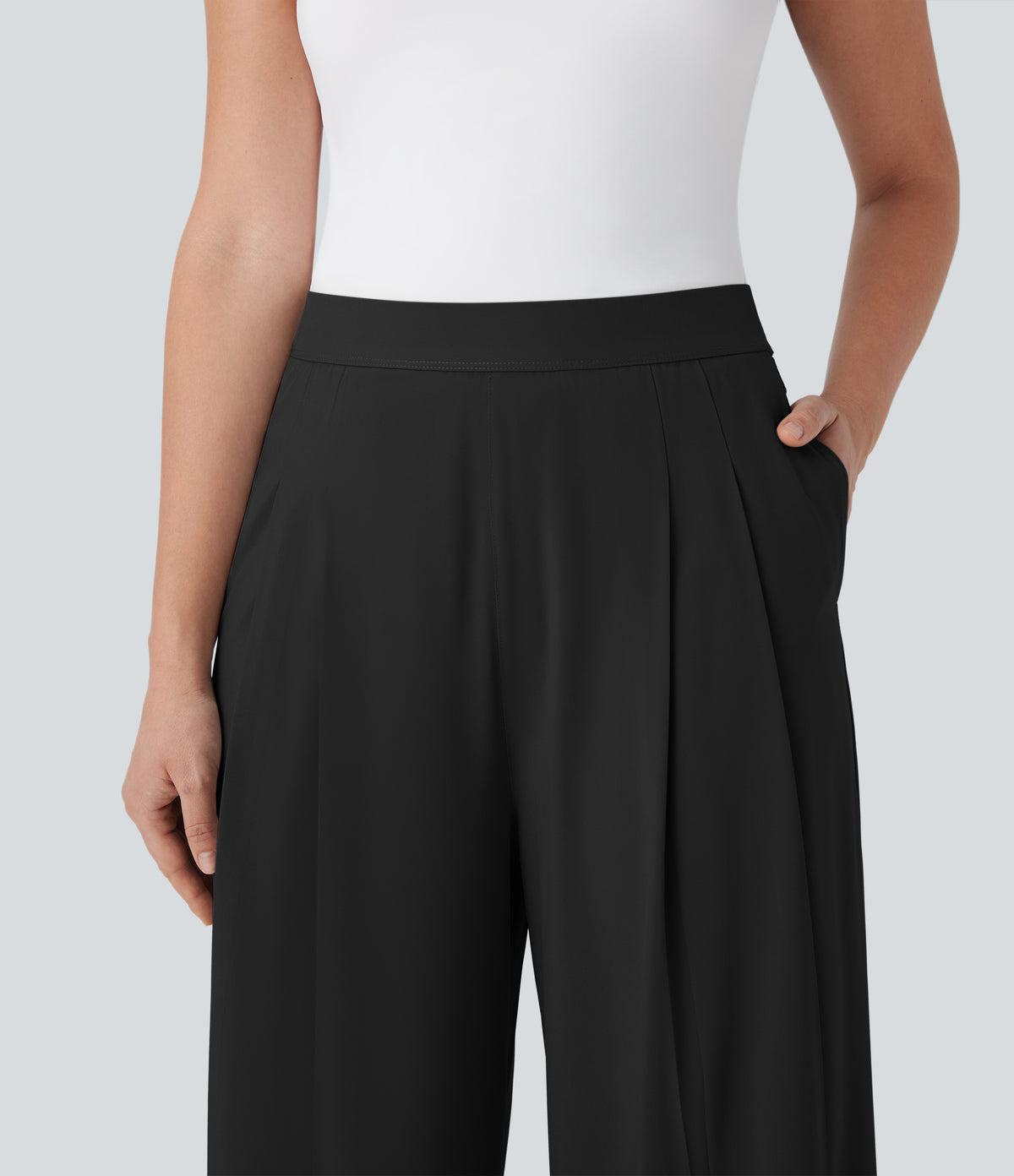 High Waisted Wide Leg Quick Dry Work Trousers with Pockets — Black — view 4