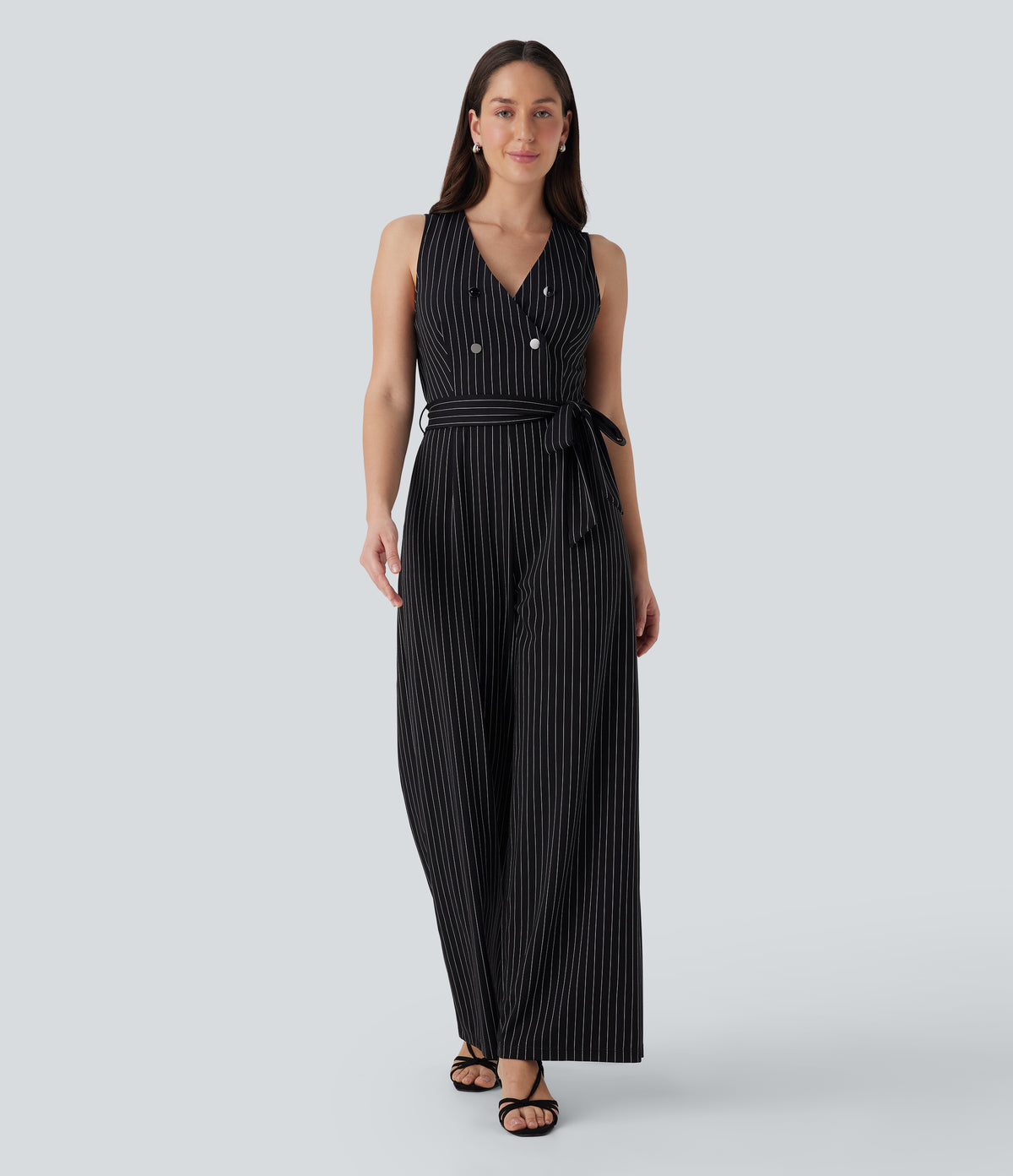 V Neck Sleeveless Belted Stripe InstantCool Work Jumpsuit with Pockets — Black White Pinstripe — view 3