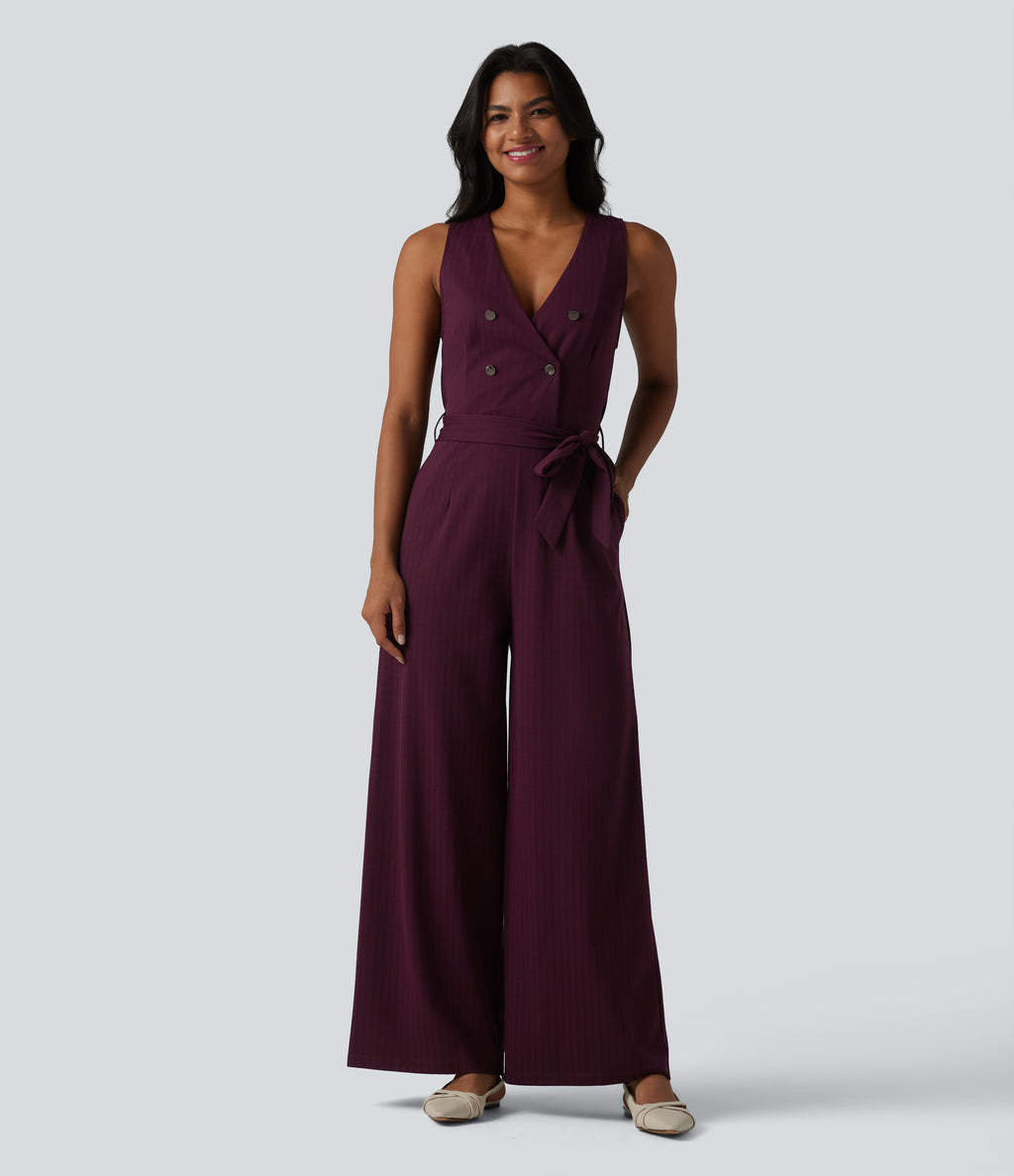 V Neck Sleeveless Belted Stripe InstantCool Work Jumpsuit with Pockets — Burgundy Pinstripe — view 6