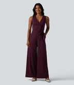 V Neck Sleeveless Belted Stripe InstantCool Work Jumpsuit with Pockets — Burgundy Pinstripe — view 6