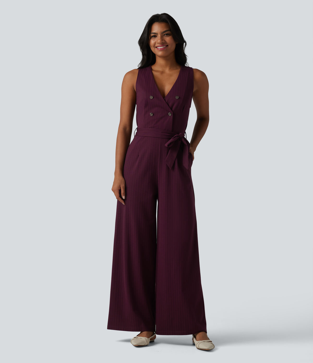 V Neck Sleeveless Belted Stripe InstantCool Work Jumpsuit with Pockets — Burgundy Pinstripe — view 6
