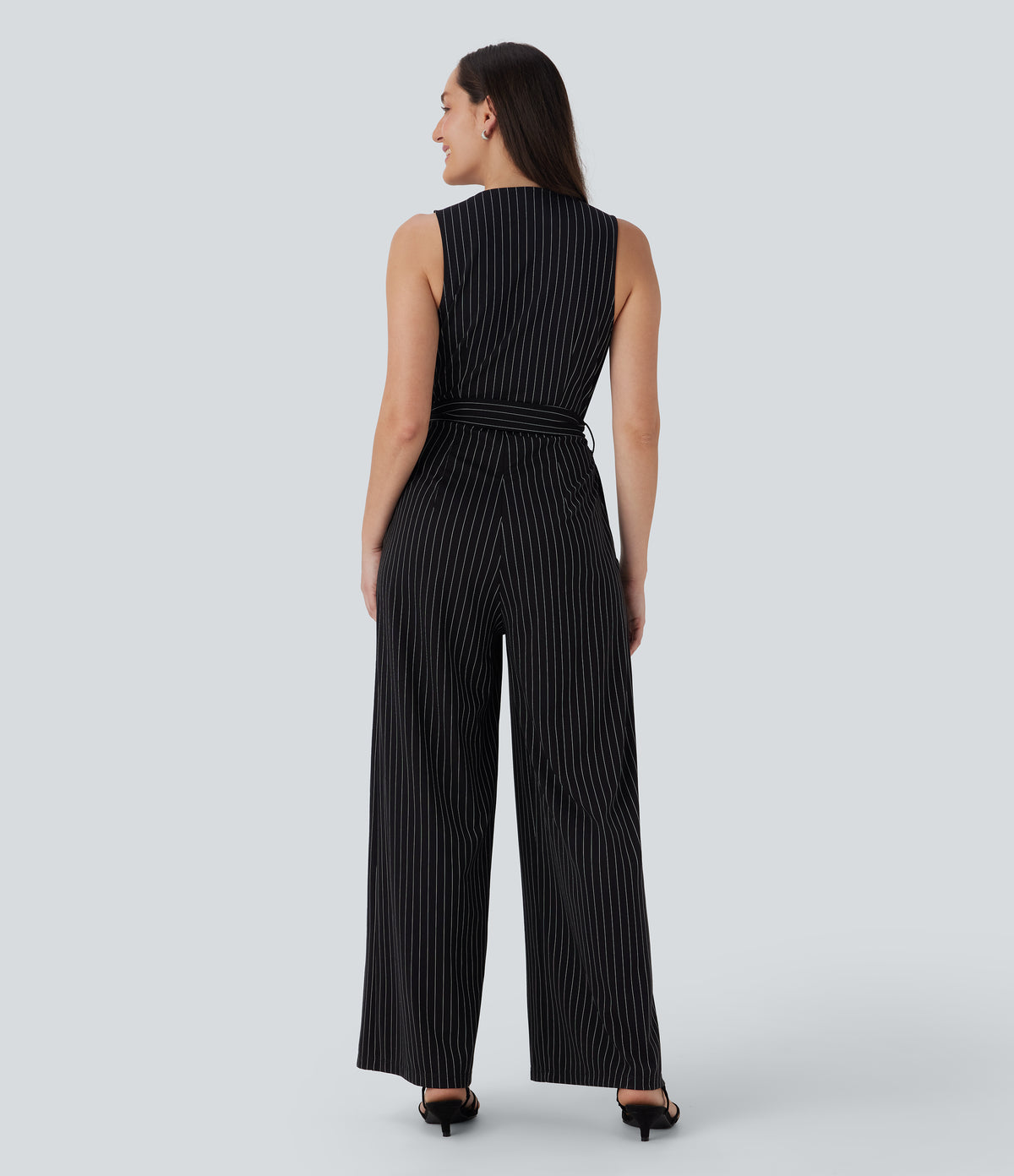 V Neck Sleeveless Belted Stripe InstantCool Work Jumpsuit with Pockets — Black White Pinstripe — view 2