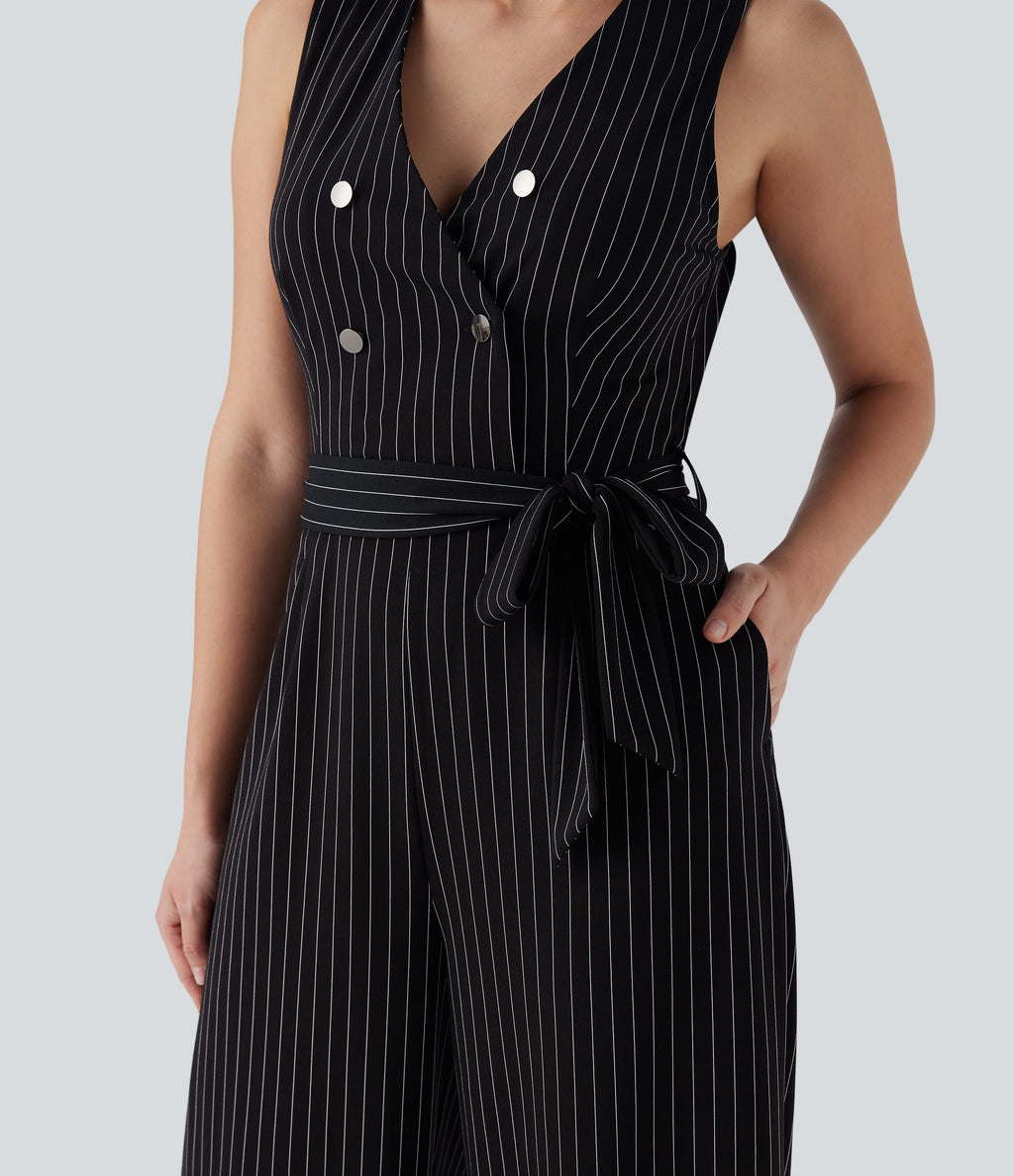 V Neck Sleeveless Belted Stripe InstantCool Work Jumpsuit with Pockets — Black White Pinstripe — view 5