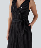 V Neck Sleeveless Belted Stripe InstantCool Work Jumpsuit with Pockets — Black White Pinstripe — view 5