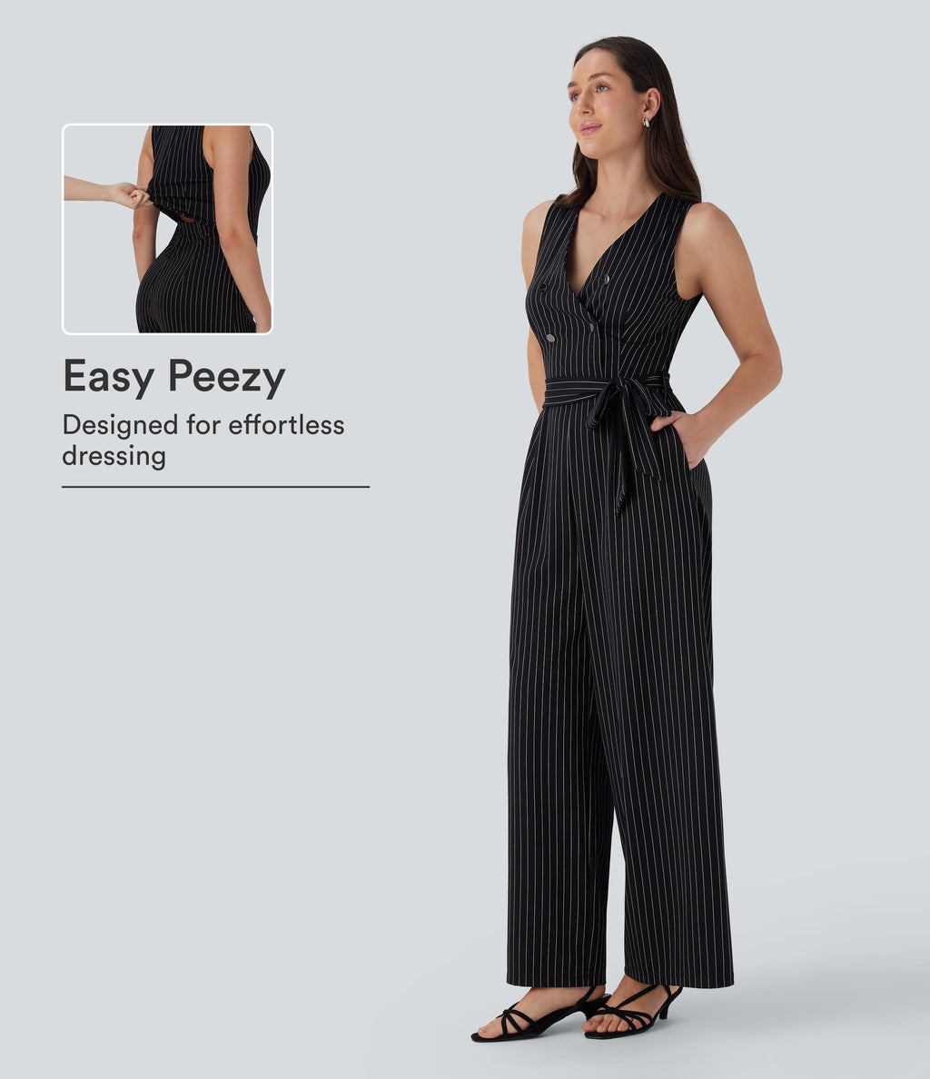 V Neck Sleeveless Belted Stripe InstantCool Work Jumpsuit with Pockets — Black White Pinstripe — view 1