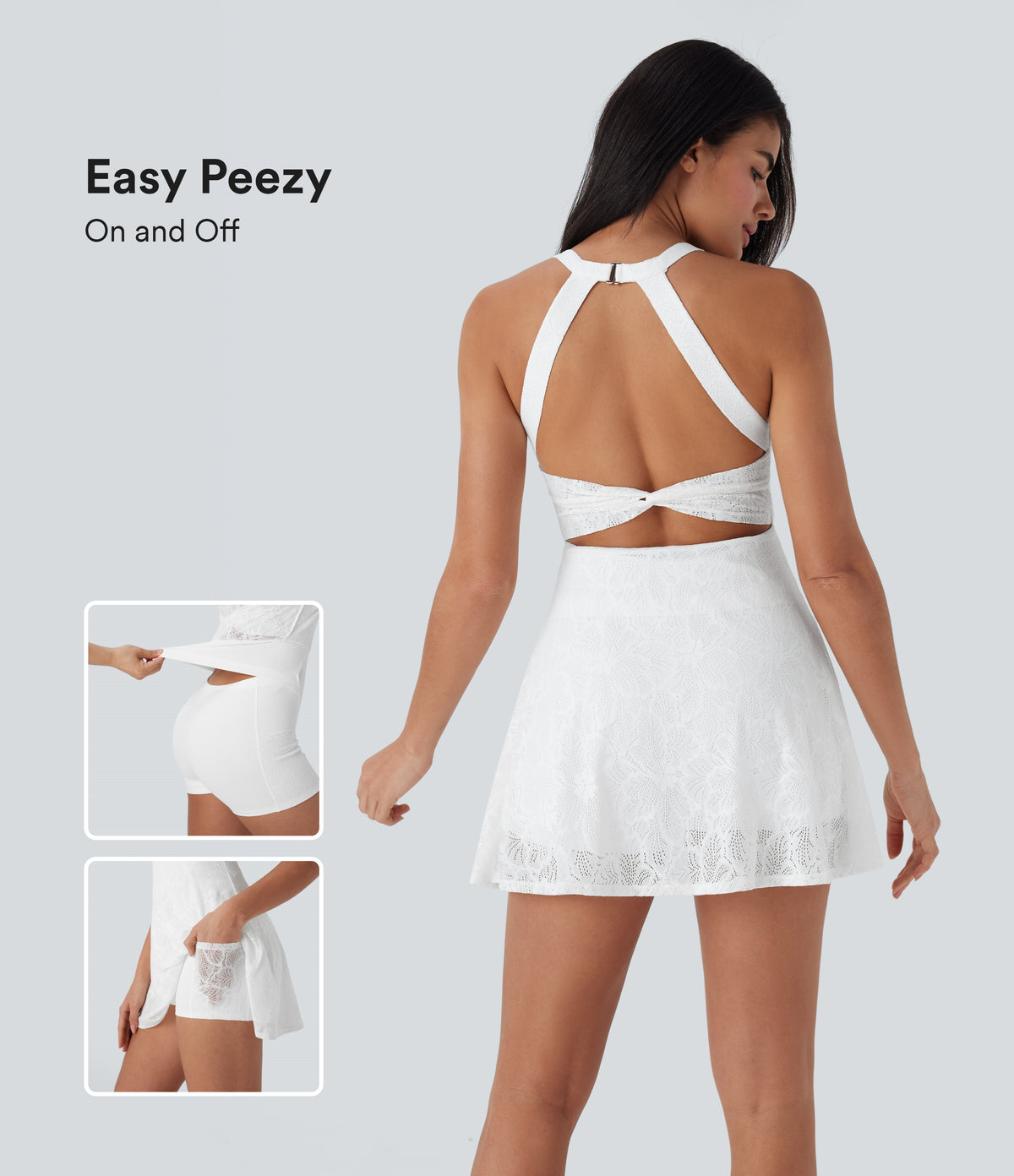 Lace Backless Twisted 2-in-1 Mini Dance Active Dress with Pockets — White — view 1