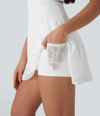 Lace Backless Twisted 2-in-1 Mini Dance Active Dress with Pockets — White — view 6