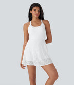 Lace Backless Twisted 2-in-1 Mini Dance Active Dress with Pockets — White — view 3