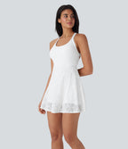 Lace Backless Twisted 2-in-1 Mini Dance Active Dress with Pockets — White — view 2