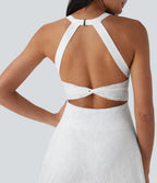Lace Backless Twisted 2-in-1 Mini Dance Active Dress with Pockets — White — view 5