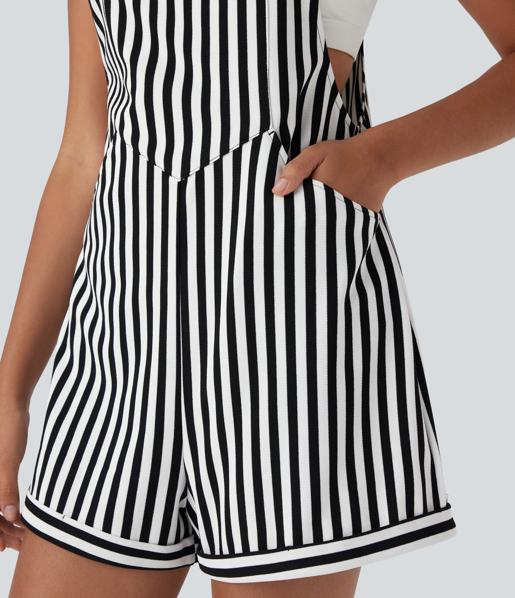 Pockets Stripe Waffle Dungarees — Black White Horizontal Stripe — view 6