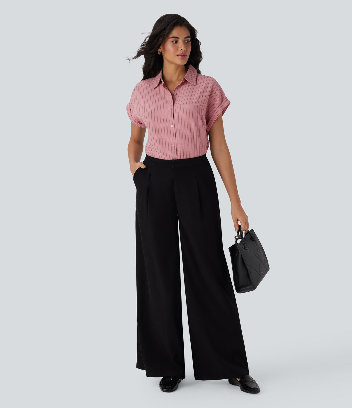 Collared Short Sleeve Button Stripe Work Linen-Feel Shirt — Candy Pink Black Yarn Dye Stripes — view 6
